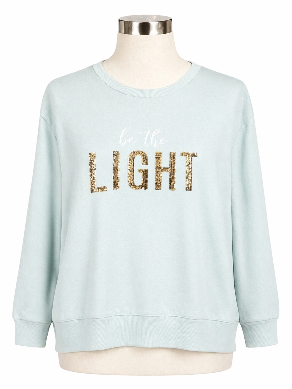 Royal Standard NWT Embroidered Sequin Be The Light Blue Sweatshirt Sz XS Casual